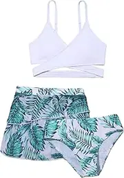 [COOLOYA] Girl's 3 Piece Bikini Set Tropical Leaf Print Criss Cross Swimwear Bathing Suit Swimsuit with Skirts Cover Up