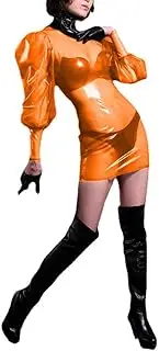 [EGEN] Sexy High Neck Transparent PVC Club Dress Fetish Plastic Bubble Long Sleeve Bodycon Mini Dress Sissy See Through Party Outfits (Large,Orange,Large)