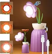Flower Lamp Cordless Sunflower Table Lamp with Flexible Gooseneck Dimmable LED Touch Beside Lamp with USB Rechargeable 3 Colors Flower Night Light with Vase for Pen Holder,for Home Reading,Purple