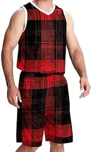 [KQNZT] Basketball Jersey and Shorts, Basketball Jersey for Women, Athletic Shirts for Team Scrimmage, Plaid Black and Red Pattern Vintage