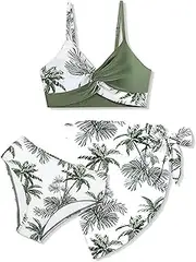 [BOVOSHA] Girls' Bikini Set 3-Piece Children's Swimsuit Tropic Print Wrap Top + Bikini Briefs with Skirt 5-14 Years