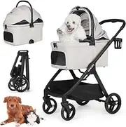 X5 Luxury Pet Stroller Dog Pram for Small Medium Dogs Cats Under 55lbs, Foldable Pet Pram Dog Pushchair Detachable Carrier with Pad and Cup Holder, Grey