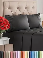 4 Piece Bed Sheet Double Size Set, Flat Sheet, Fitted Sheet and 2 Pillowcases – Wrinkle Free, Soft Microfiber Sheets with Deep Pockets for Mattresses up to 35cm, Oeko-TEX Certified - Black