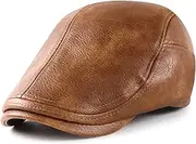 [Ueither] Men's Flat Cap Adjustable PU Leather Hunting Flat Cap Newsboy Cap Ivy Golf Cabbie Hat 56-60cm