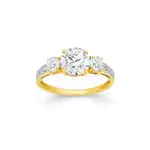 9ct Gold Cubic Zirconia Round Brilliant Trilogy Shoulder Dress Ring in Clear