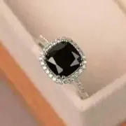 2.0Ct Cushion Created Black Diamond Halo Engagement Ring 14K White Gold Plated