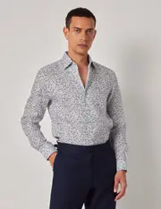 Hawes & Curtis Navy & White Floral Pure Linen Slim Shirt | One Piece Collar | Full Cutaway Size: Small