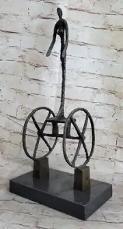 Surrealist Stick Figure on Wheels - Handmade Art Bronze Sculpture on Marble Base