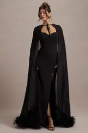 Veranna | Black Chiffon Cape with Fur Trim