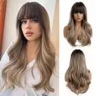 24" Long Wavy Wigs with Bangs Dark Blonde Roots Light Brown Wigs for Women Lo...