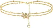 [Generic] Butterfly Cubic Zirconia Dainty Link Anklet Beads Double Layered Bracelets Butterfly Anklet for Women Boho Beach Jewelry Presents