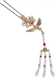 Gold Phoenix Tassel Hairpins Pearl Tassel U-Shape Hair Stick Chinese Style Hair Accessory for Women Girls (Golden, One Size)
