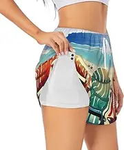 [WURTON] Beach Scene with Chairs Print Exercise Gym Workout Shorts Women's Athletic Shorts Dual-Layered Yoga Running Shorts