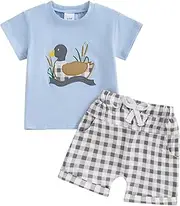 [Kayotuas] Baby Boy Hunting Clothes Toddler Mallard Duck Outfit Embroidered Short Sleeve T-shirt Top and Shorts Summer Clothing