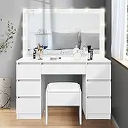 ALFORDSON Makeup Mirror Desk with Storage Drawers and Chair, Dressing Table Stool Set with Adjustable LED Mirror, Dresser Vanity Table Organiser for Dressing Room, White Color