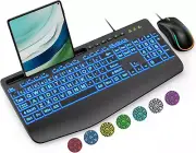 Wired Keyboard and Mouse, Large Print Backlit Keyboard with Wrist Rest and 7-Col