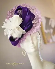 Aimee Fuller Lavender Kentucky Derby Fascinator Big Purple Ascot Hat Silk White