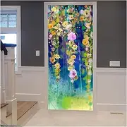 Door Stickers 3D Watercolor Flowers Door Stickers Colorful Floral Mural Sticker Self-Adhesive Modern Art Decal Wallpaper(A,77x200cm)
