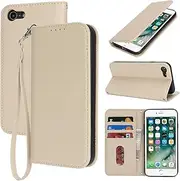 for iPhone SE 2022 SE 2020 Case Leather Wallet Magnetic Flip Cover with Wrist Strap Card Holders SunYoo Case RFID Blocking Porte Feuille Portefeuille Coque étui for iPhone 8 7 Femmes Homme Cream