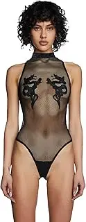 [Dolls Kill] Bad Luck Dragon Fishnet Bodysuit with High Neck and Embroidered Dragon Accents - Black
