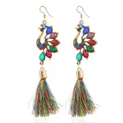 2Pair Ethnic Colorful Peacock Crystal Tassel Earring Vintage Long Dangle Earrings for Women