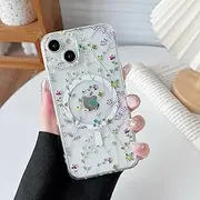 RALEAVO for iPhone 13 Case Compatible with MagSafe Clear Floral Case with Flower Branch Pattern for Girls Women Slim Cute Hard Back Shockproof Phone Case for iPhone 13,Transparent