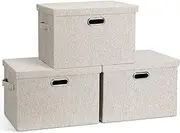 [Graciadeco] Large 17" 36 Quart Collapsible Stackable Storage Bins with Lids, 3 Packs Beige Linen Fabric Closet Boxes with Lids, Storage Cube Baskets Container Organizers for Bedroom Office(17 x12 x11)