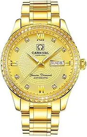 [carlien] Men's Gold Business Watch Rhinestones Date Automatic Mechanical Stainless Steel Luminous Waterproof Clock