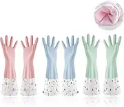 Reusable Waterproof Household Rubber Cleaning Gloves Thickened Fleece Dish Gloves Set of 3 Durable Non Slip Utility Kitchen Gloves