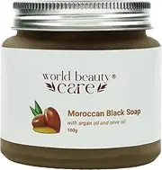 WBC WORLDBEAUTYCARE Moroccan Black Soap with Argan Oil & Olive Oil 100 % natural, Body Scrub for Dull & Uneven Skin Tone, Pure & Natural, Purifying, Cleansing, exfoliating for Hammam Ritual