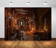 BELECO 10x8ft Fabric Medieval Tavern Backdrop for Photography Wooden Interior Candle Light Fireplace Ancient Tavern Inn Bar Restaurant Background for Party Decorations Photo Booth Studio Props