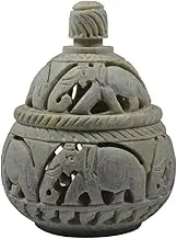 Craftuno Handcrafted Soapstone Tea Light Holder and Potpourri Box with Elephant Carving