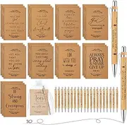 Jutom Set of 30 Christian Gift Bible Verse Retractable Bamboo Pens and Kraft Notebooks Religious Inspirational Notebooks with White Organza Gift Bag for Men Women Office School Church Supplies