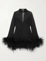 [Taller Marmo] Taller Marmo - Gina Spirito Feather-trimmed Silk-crepon Mini Dress - Black - IT42 IT 42 Black