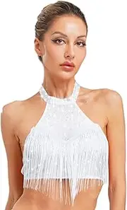 [TiaoBug] Women Glitter Tassel Dance Top Sleeveless Halter Neck Crop Tops for Salsa Samba Belly Dancing