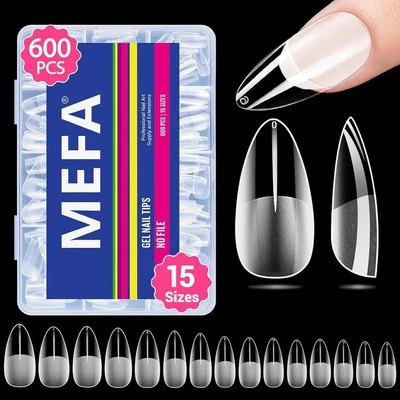 Nail Tips Medium Almond, 15 Sizes 600 Pcs Gel x Nail Tips Pre-shaped Half Matte
