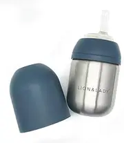 Lion & Lady Stainless Steel Baby Toddler Straw Bottles - Quality 18/8 Kids Milk Bottle, BPA and BPS Free Lid & Collar, Easy to Clean, Adaptable Design - French Navy 210ml