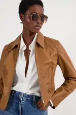 Leather Collared Zip Through Tailored Jacket