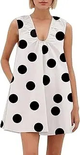[Meladyan] Women's Polka Dot Babydoll Mini Dress Scoop Neck Sleeveless Summer Tank Dresses with Pockets