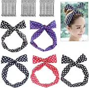 5 Pieces Multicolor Twist Bow Wired Headbands Retro Bowknot Polka Dot Wire Hair Holders With 30Pc Hairpin For Women And Girls