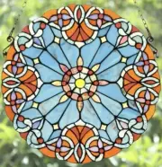 20" Victorian Round Tiffany Style Stained Glass Window Panel Suncatcher