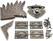 Antique Heart-Shaped Hasp Latch Vintage Engraved Mini Hinge and Bronze Box Corner Protectors with Matching Screws for Repair and Decorative Jewelry Box