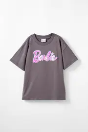 [Cotton On Kids] Cotton On Kids - Barbie Drop Shoulder Short Sleeve Tee - Lcn mat barbie logo/rabbit grey 9-10 LCN MAT BARBIE LOGO/RABBIT GREY