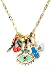 [OUSABELLA] Paperclip Pendant Protection Necklace - Pendant Necklace With Italian Horn Evil Eye Hand and Foot Pearls