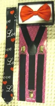 Unisex Men Women Valentine Red Bow Tie,Black Suspenders,&Love Hearts Neck tie