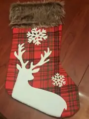 Reindeer Christmas Stocking Red Plaid Gray Fuzzy Top