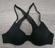 Victoria's Secret 32B Black Floral Lace Back Crossback Uplift Semi Demi Bra