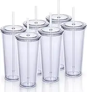 24oz Double Wall Plastic Tumblers with Lids and Straws | Large Classic Travel Tumbler | 6 Pack Set of 6 | Clear Reusable Cups with Straws | BPA Free