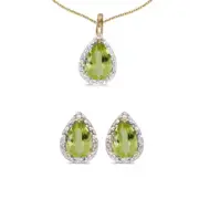 10k Yellow Gold Pear Peridot And Diamond Earrings and Pendant Set