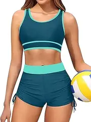 [Holipick] Women's Sporty Bikini Sets Two Piece Color Block Swimsuit Bathing Suits with High Waisted Boy Shorts Bottom